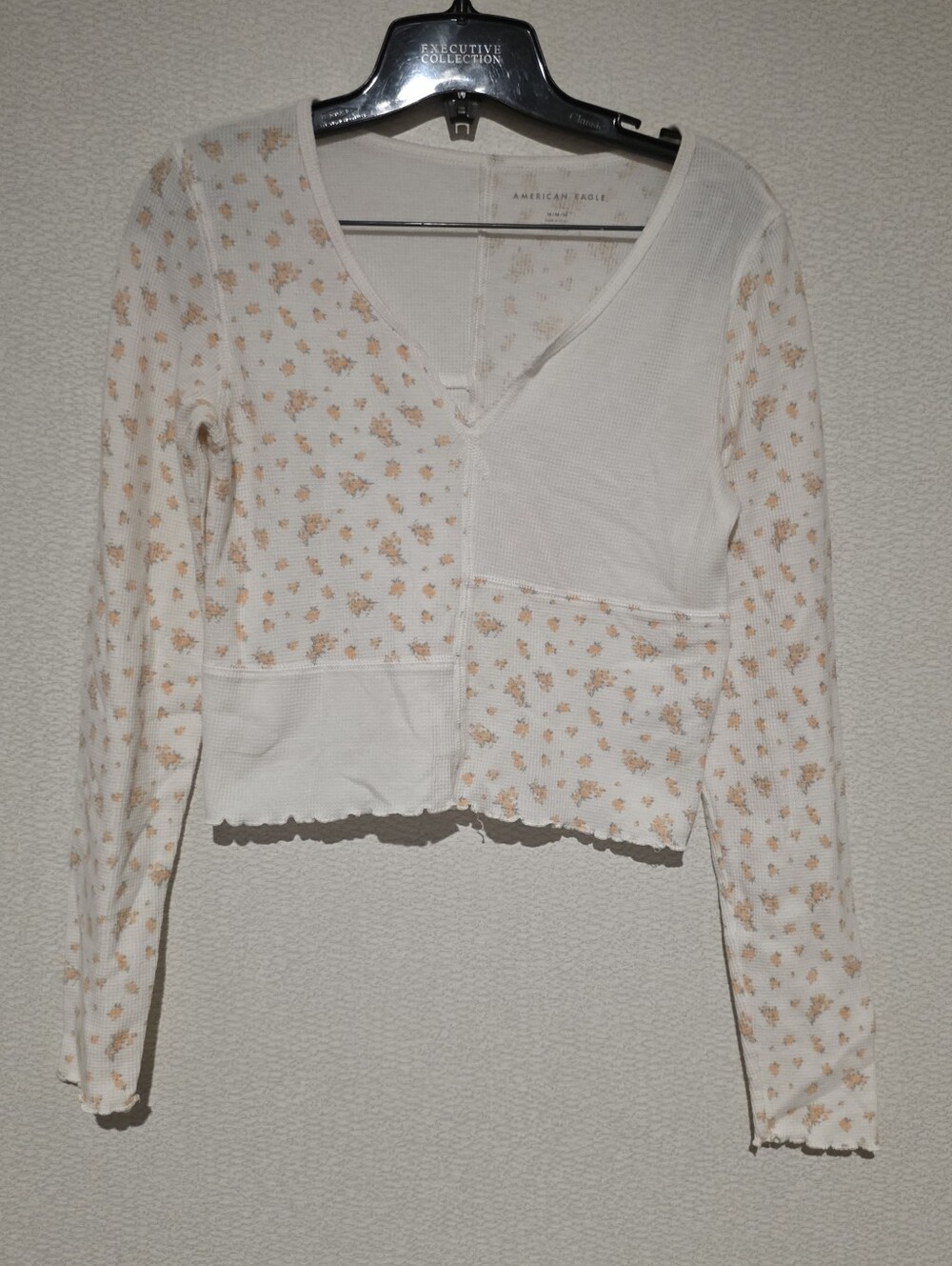 American Eagle Patchwork Floral Waffleknit Crop Top Long Sleeve Medium